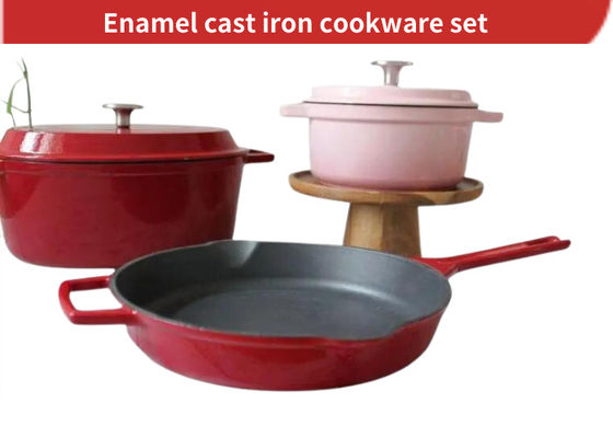ISO9001 에나메일 된 Cast Iron Skillet Set With Casserole 네덜란드 오븐 / 프라이 팬