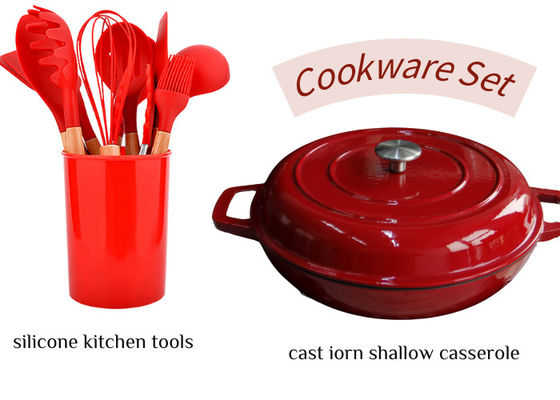 붉은 에나멜 Cast Iron Shallow Casserole와 실리콘 설비 세트